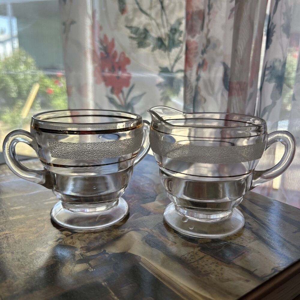 Vintage MCM Glass Cream & Sugar Set Frosted And Gold Trim Pressed Glass